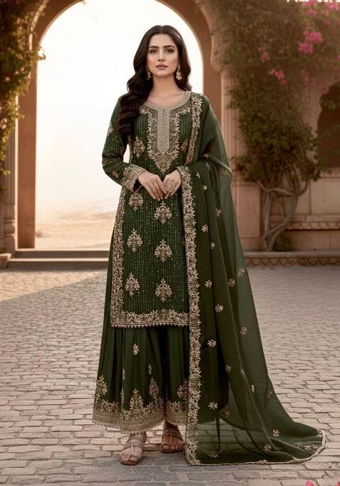Mehendi Emboidered Silk Salwar Kameez