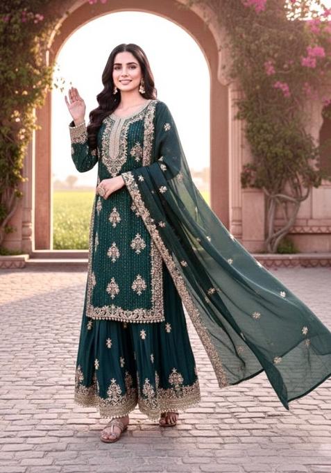 Teal Blue Emboidered Silk Salwar Kameez