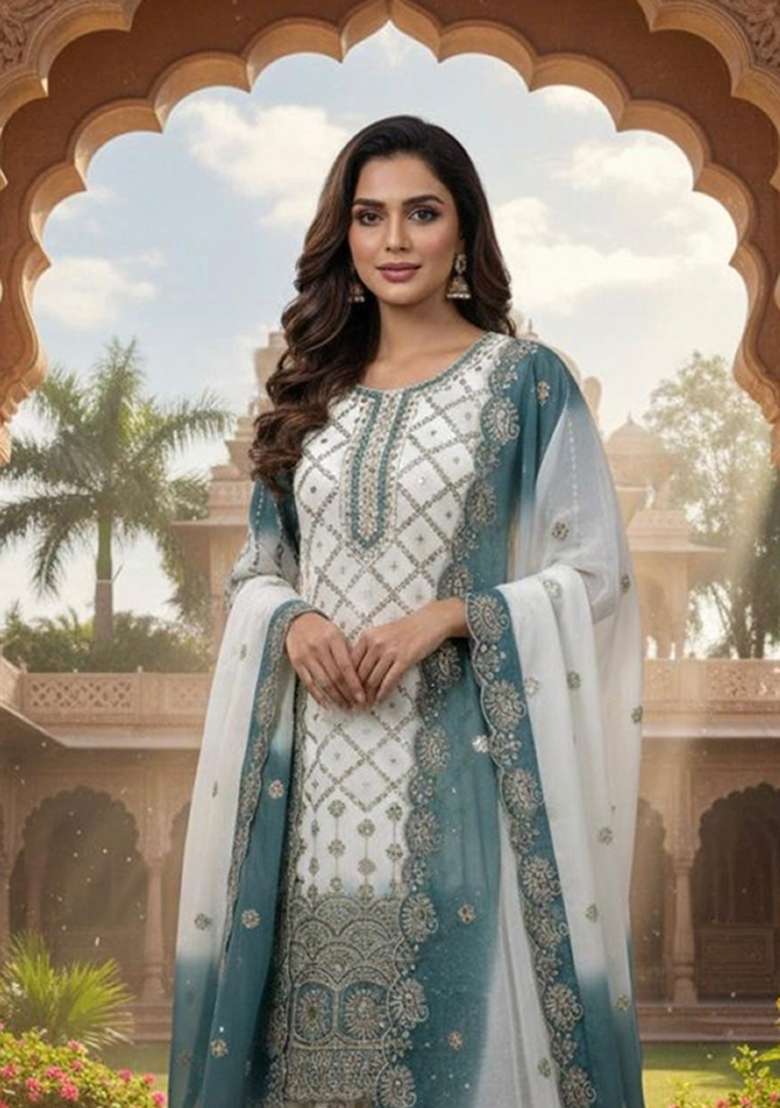 White Emboidered Georgette Salwar Kameez - Indya