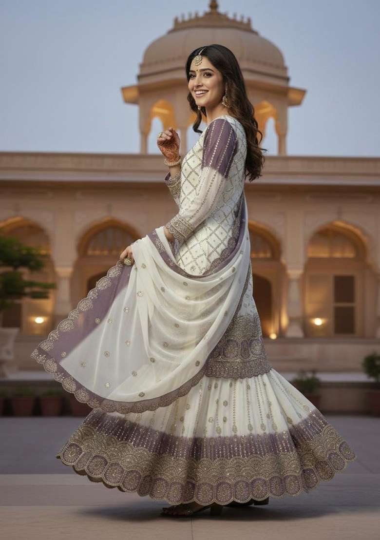 White Emboidered Georgette Salwar Kameez - Indya