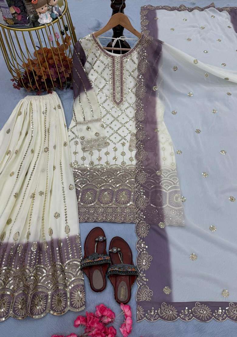 White Emboidered Georgette Salwar Kameez - Indya