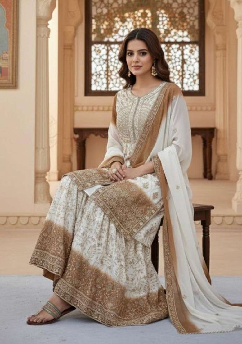 White Emboidered Georgette Salwar Kameez - Indya
