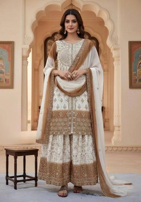 White Emboidered Georgette Salwar Kameez — view on Indya