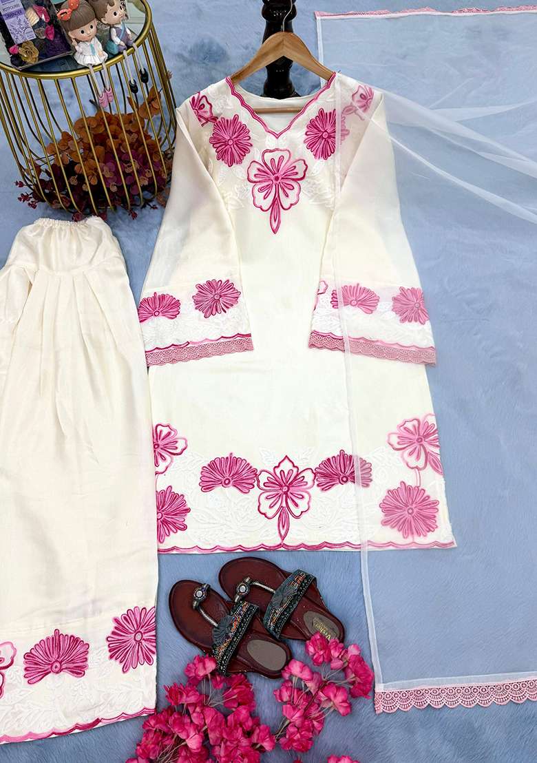 White Emboidered Silk Blend Salwar Kameez - Indya
