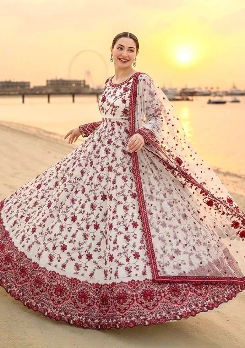 White Emboidered Georgette Salwar Kameez - Indya
