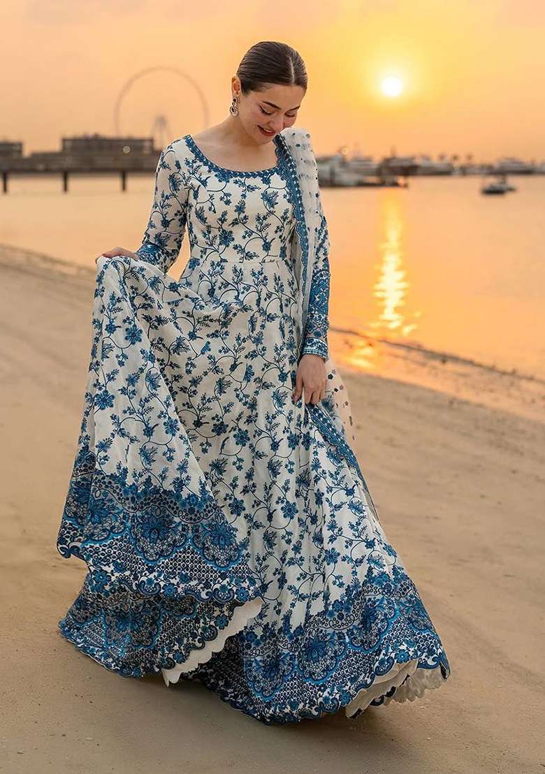 White Emboidered Georgette Salwar Kameez - Indya