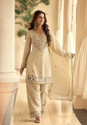Off White Mirror Work Silk Salwar Kameez