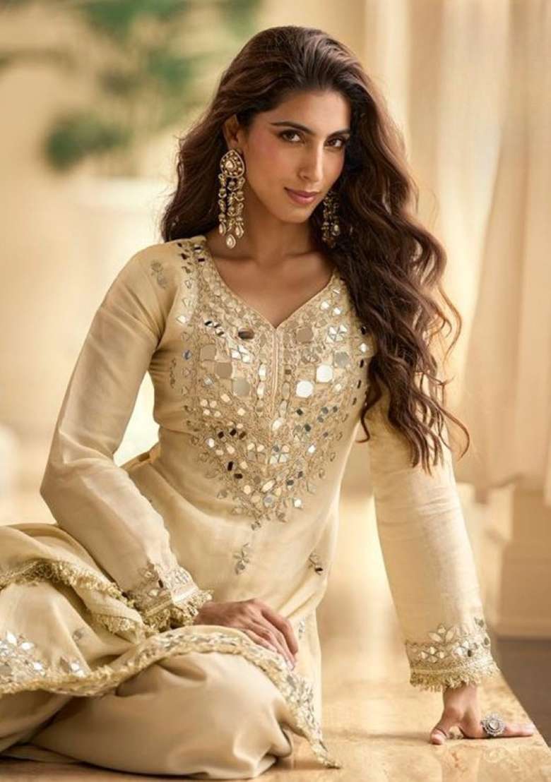 Off White Mirror Work Silk Blend Salwar Kameez - Indya