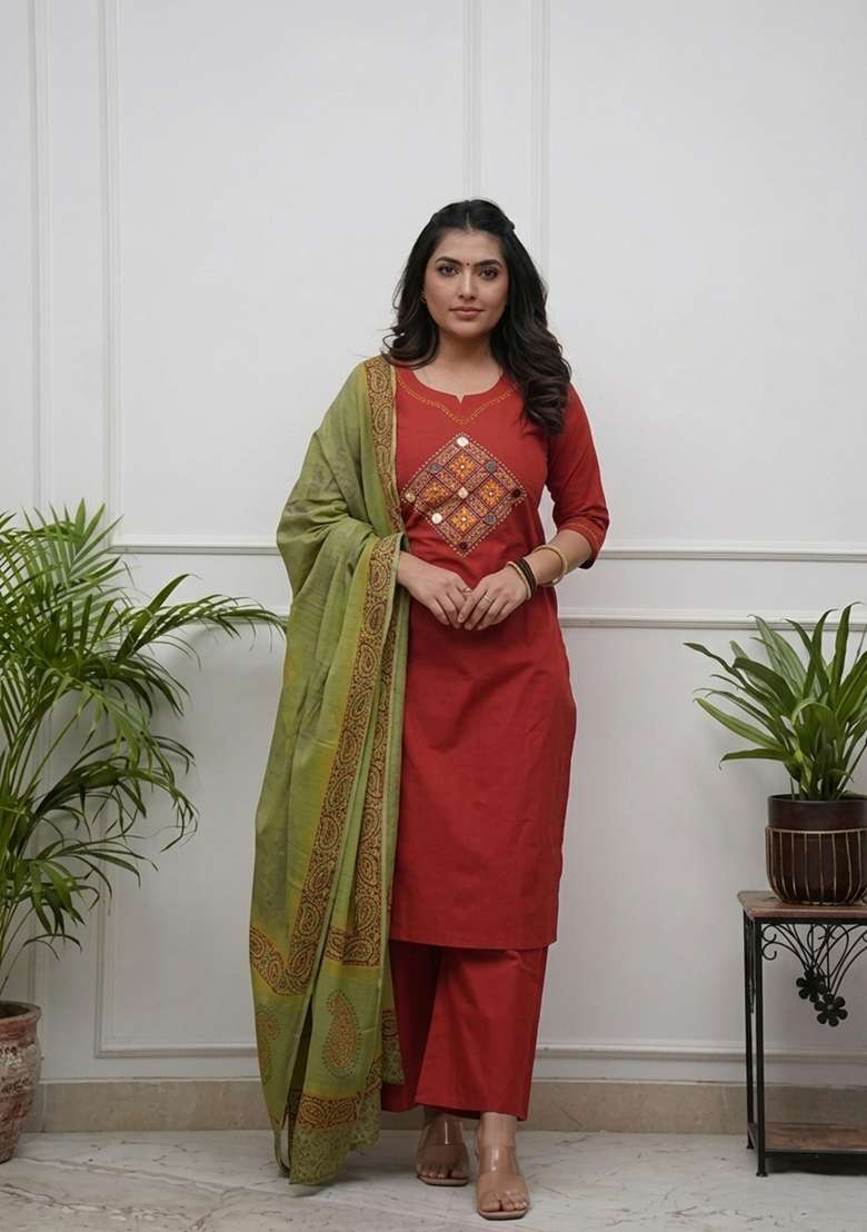 Dark Scarlet Red Printed Cotton Kurta Set - Indya