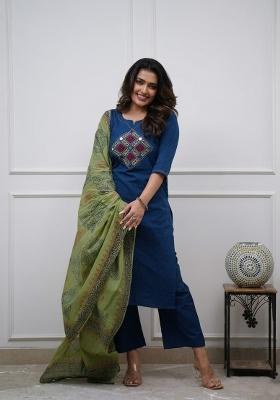 Blue Printed Cotton Kurta Set