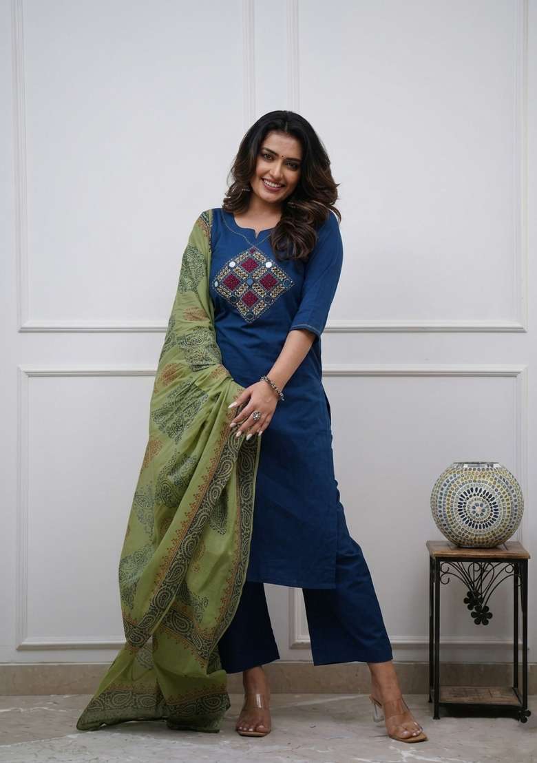 Blue Printed Cotton Kurta Set - Indya