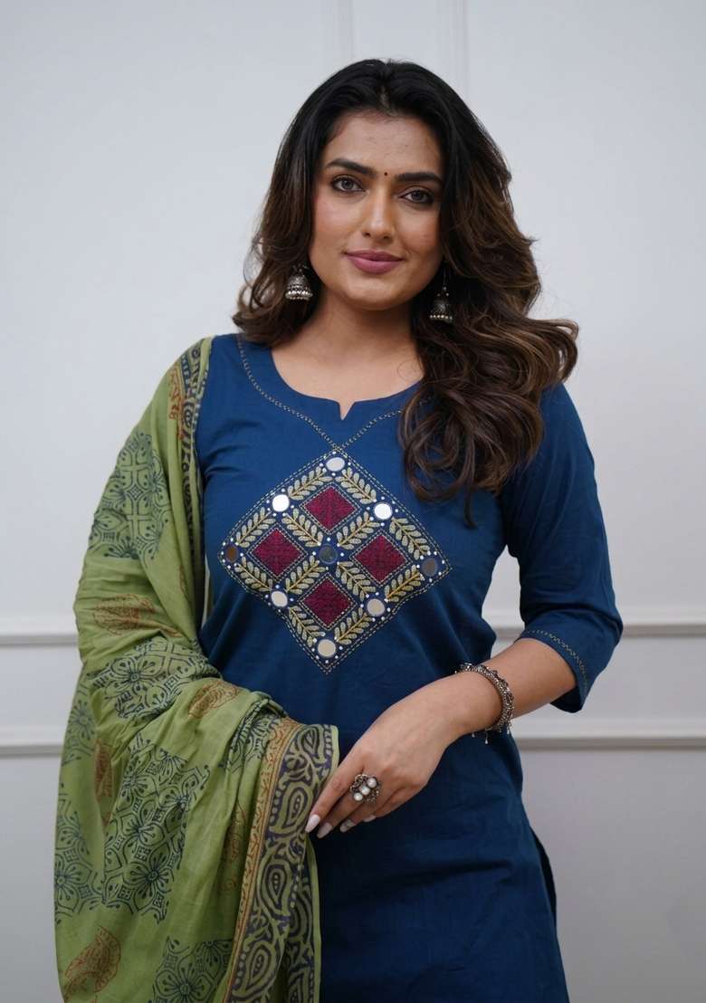 Blue Printed Cotton Kurta Set - Indya