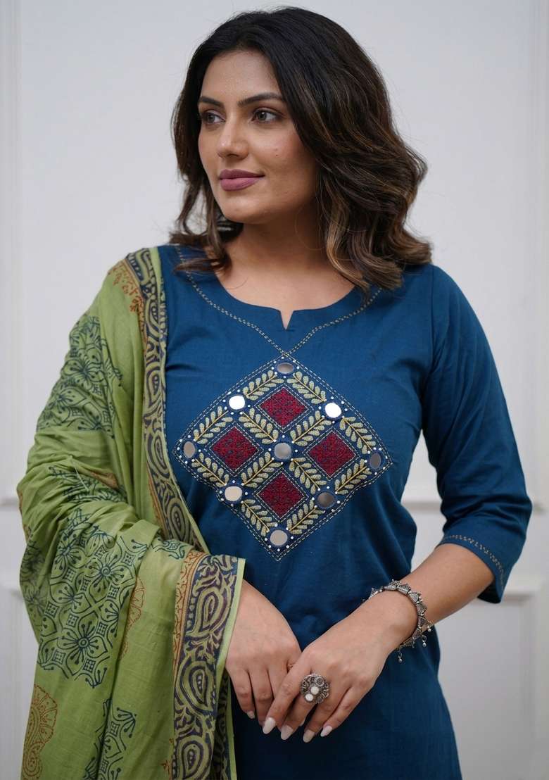 Blue Printed Cotton Kurta Set - Indya