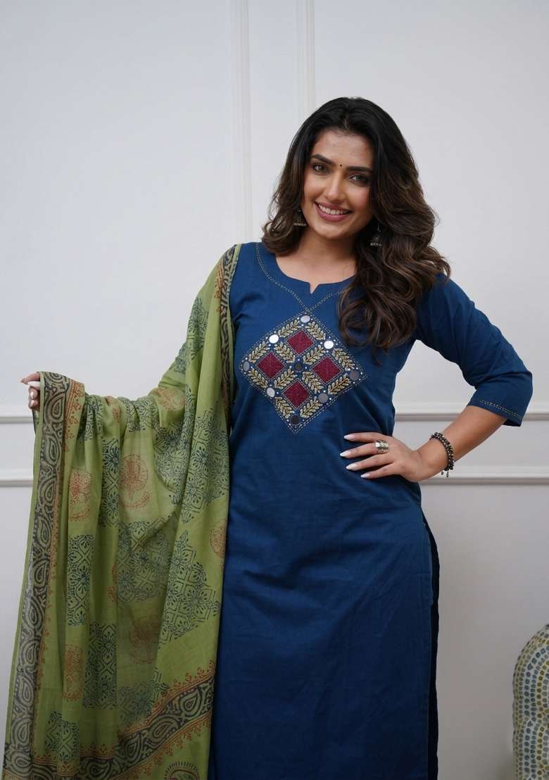Blue Printed Cotton Kurta Set - Indya