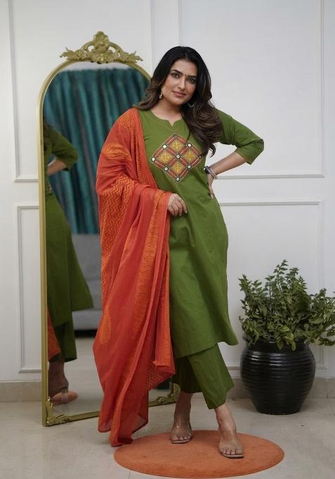 Green Printed Cotton Kurta Set