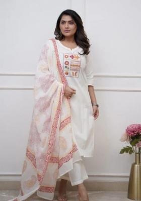 White Printed Cotton Kurta Set