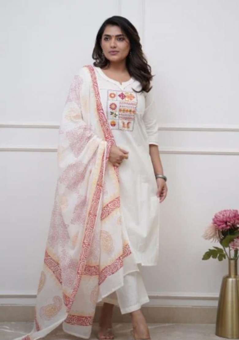 White Printed Cotton Kurta Set - Indya