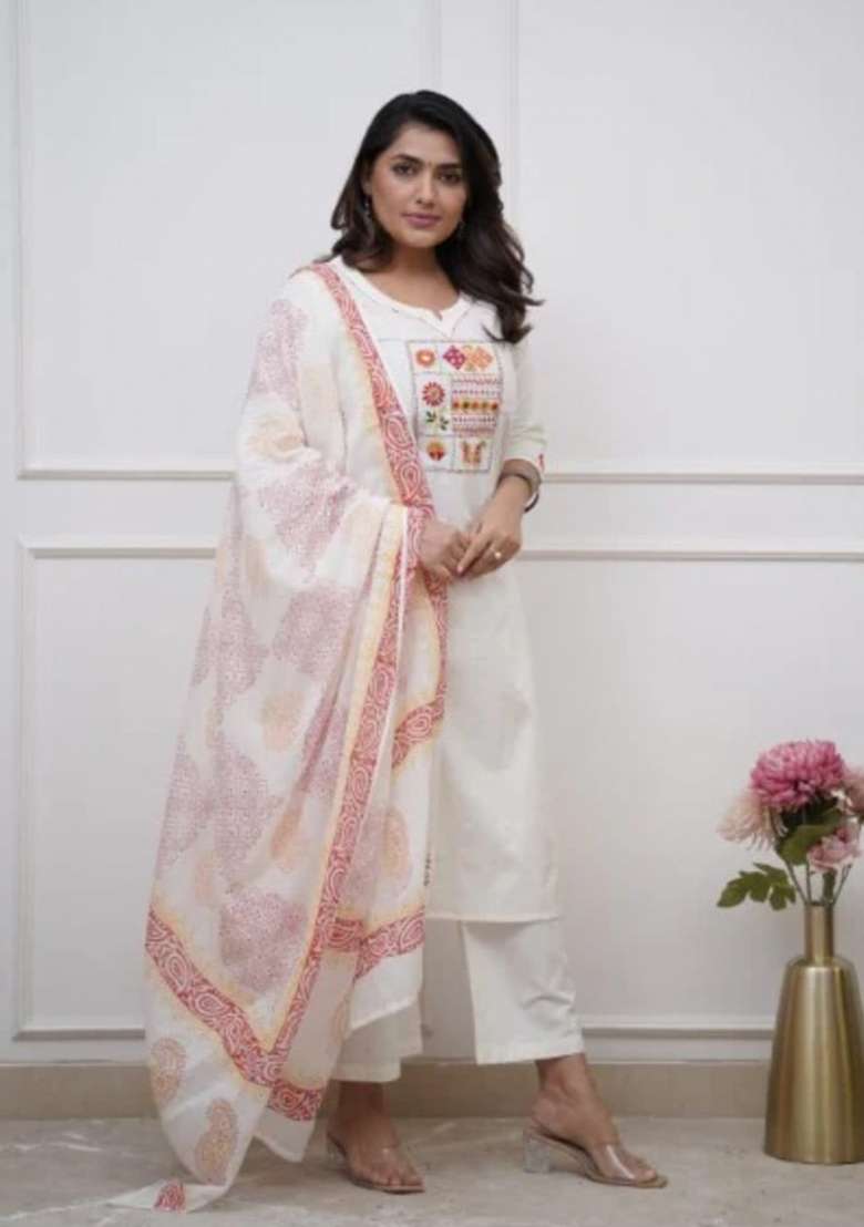 White Printed Cotton Kurta Set - Indya