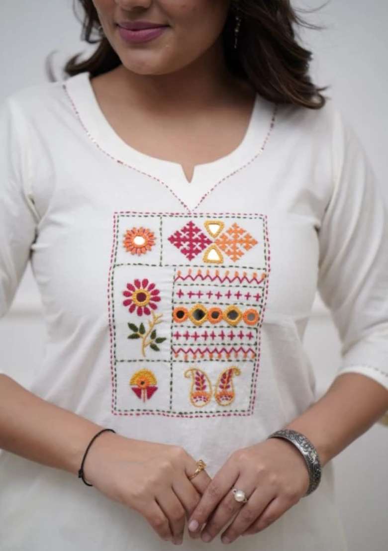 White Printed Cotton Kurta Set - Indya