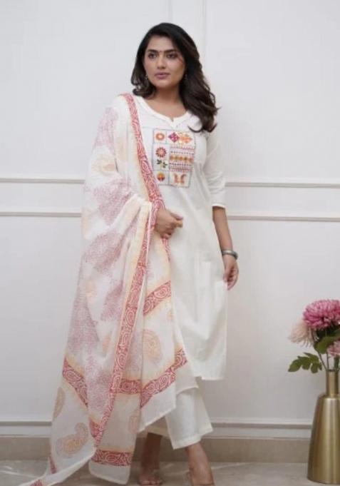 White Printed Cotton Kurta Set