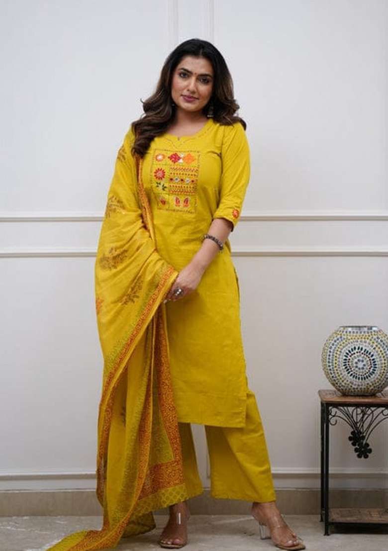 Mustard Printed Cotton Kurta Set - Indya