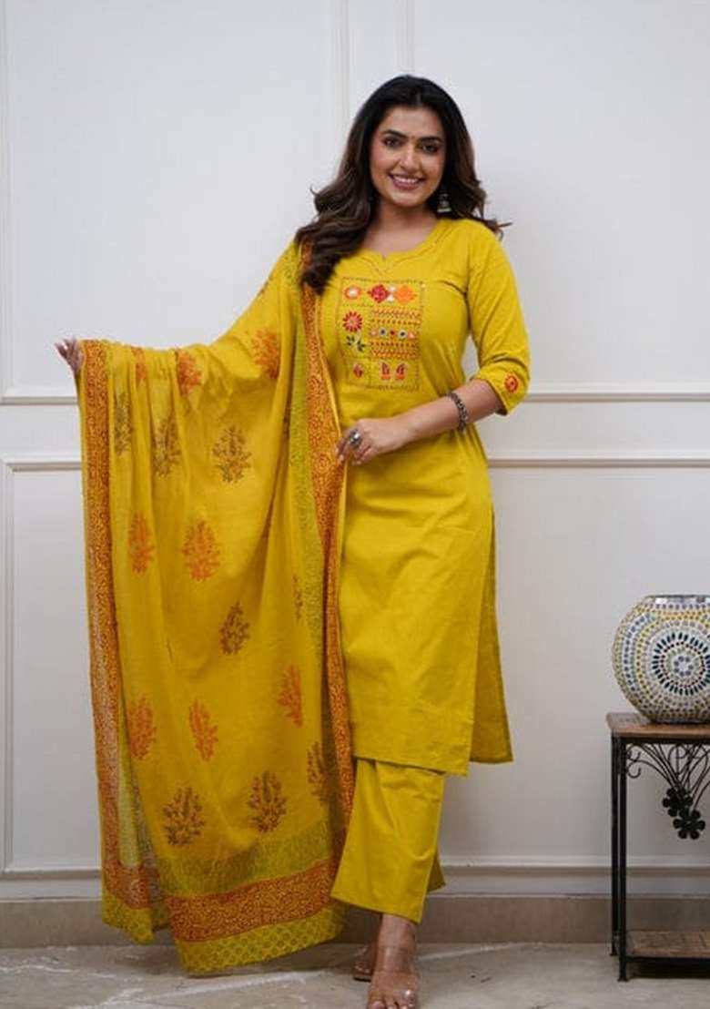 Mustard Printed Cotton Kurta Set - Indya