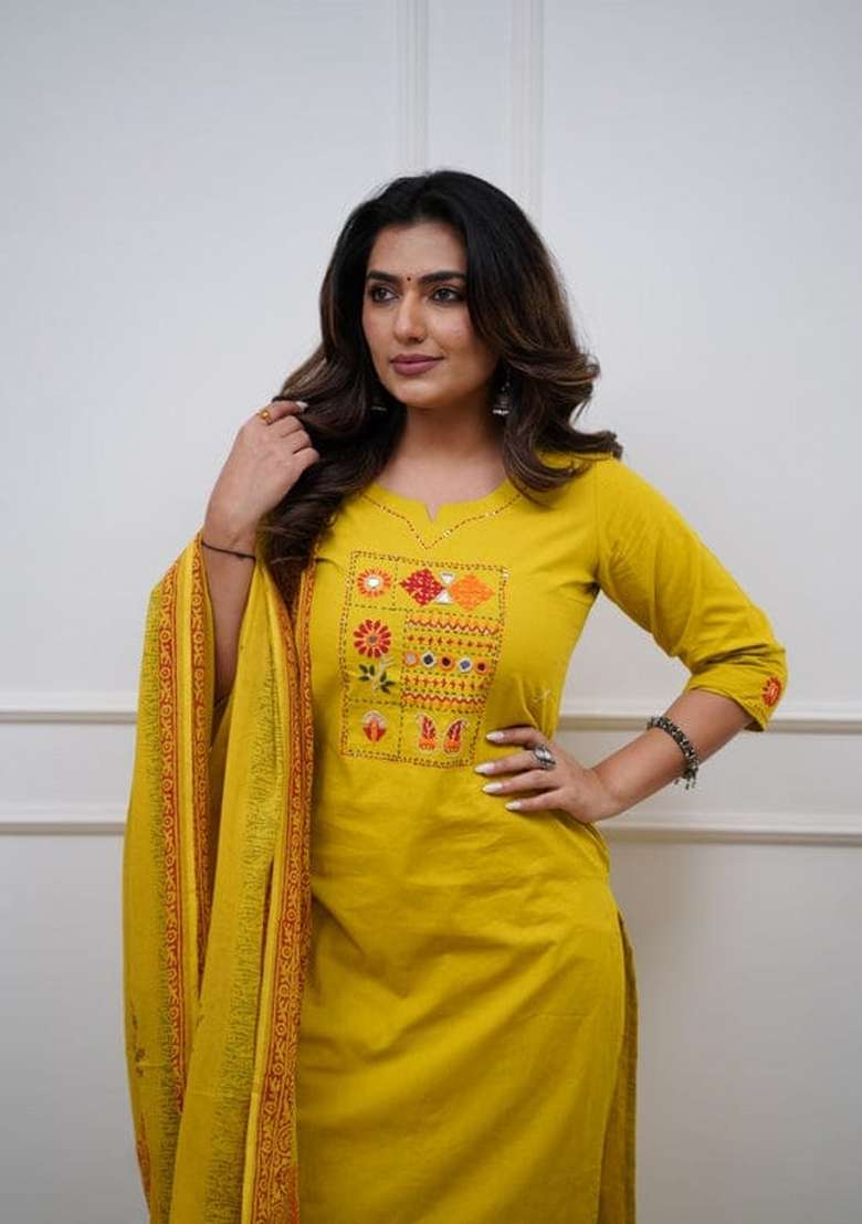 Mustard Printed Cotton Kurta Set - Indya