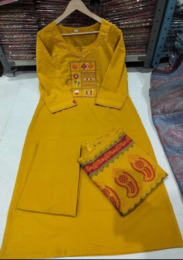 Mustard Printed Cotton Kurta Set - Indya