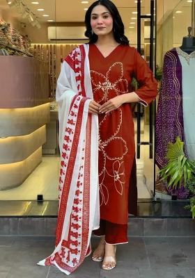 Maroon Printed Cotton Kurta Set