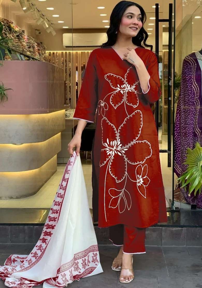 Maroon Printed Cotton Kurta Set - Indya