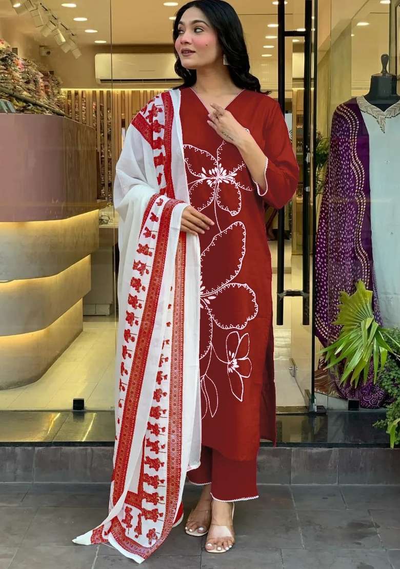Maroon Printed Cotton Kurta Set - Indya
