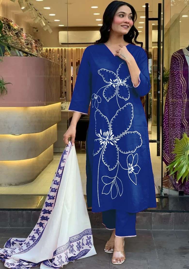 Blue Printed Cotton Kurta Set - Indya