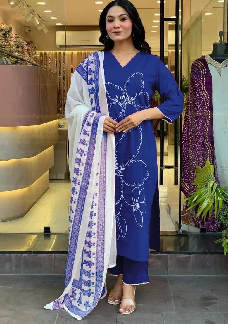 Blue Printed Cotton Kurta Set - Indya