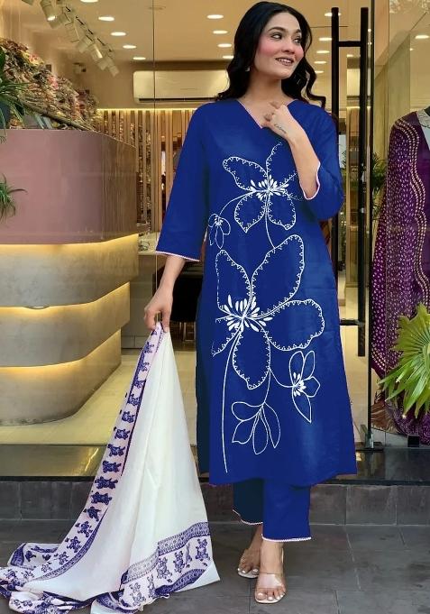 Blue Printed Cotton Kurta Set