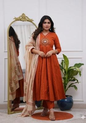 Red Printed Cotton Kurta Set