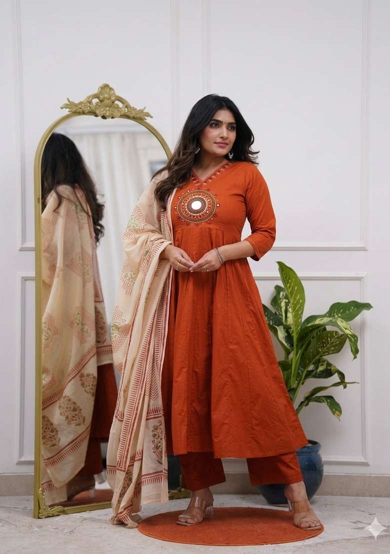 Red Printed Cotton Kurta Set - Indya