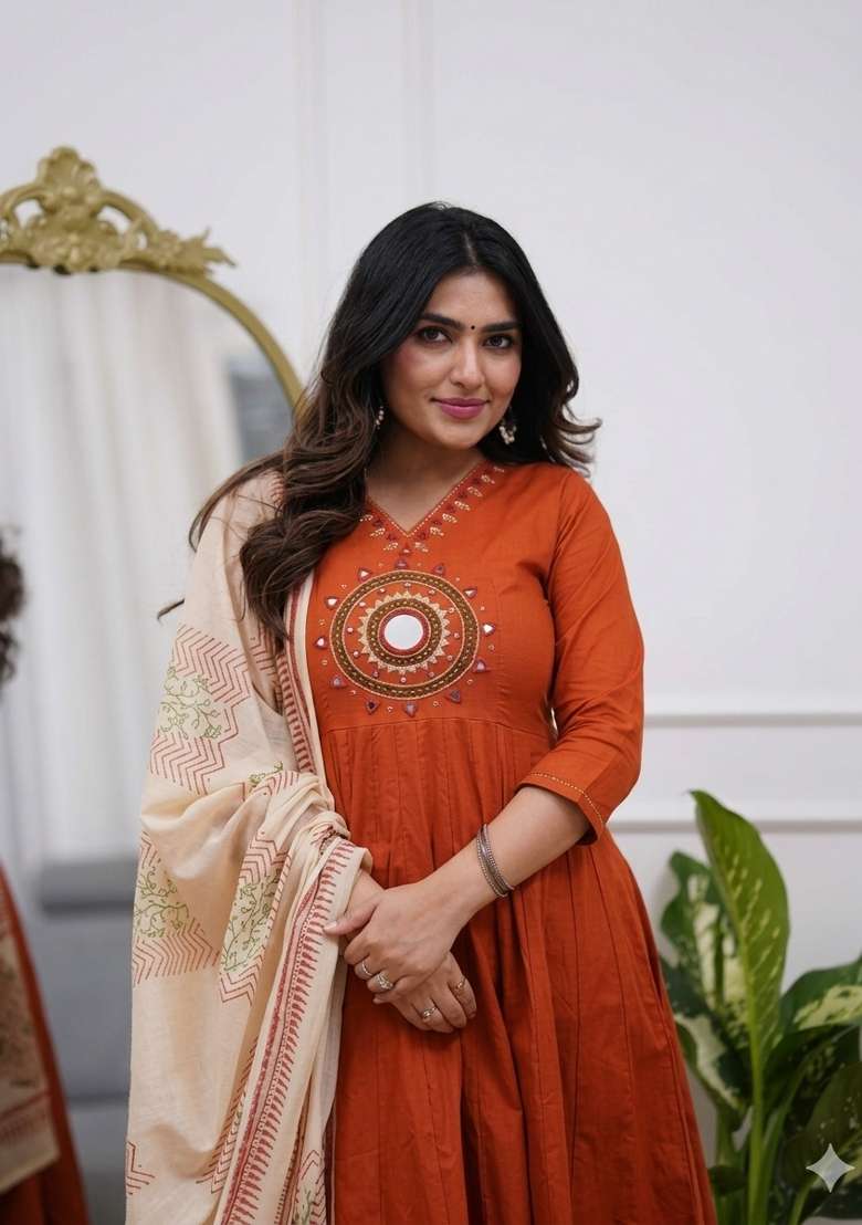 Red Printed Cotton Kurta Set - Indya