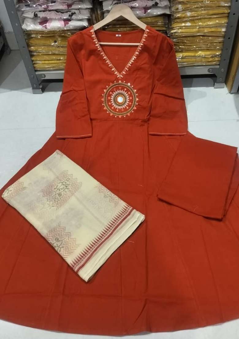 Red Printed Cotton Kurta Set - Indya