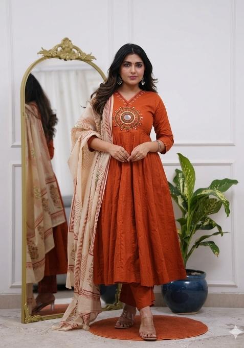 Red Printed Cotton Kurta Set