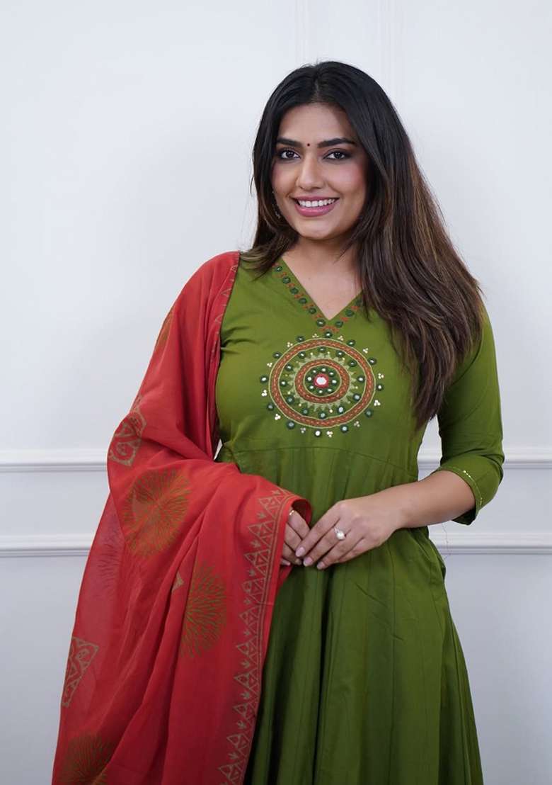 Green Printed Cotton Kurta Set - Indya