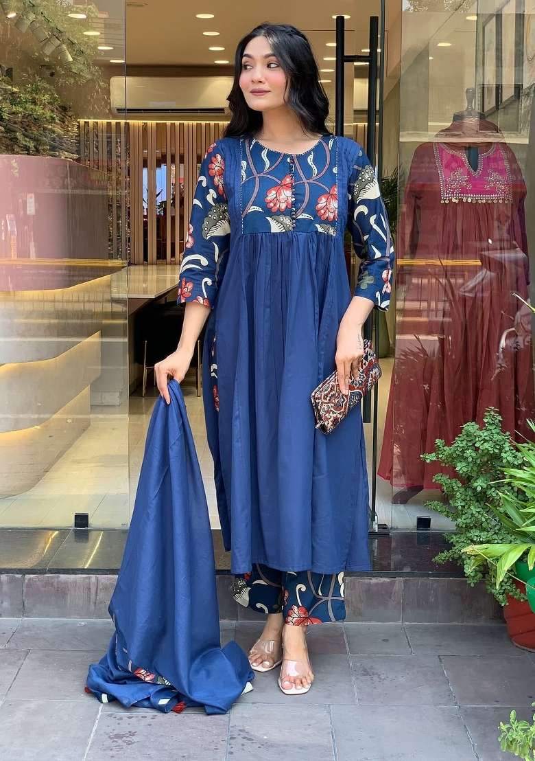 Blue Printed Cotton Kurta Set - Indya