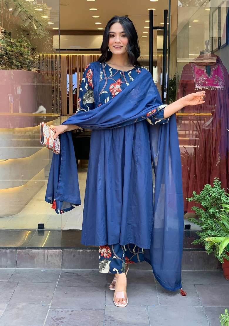 Blue Printed Cotton Kurta Set - Indya