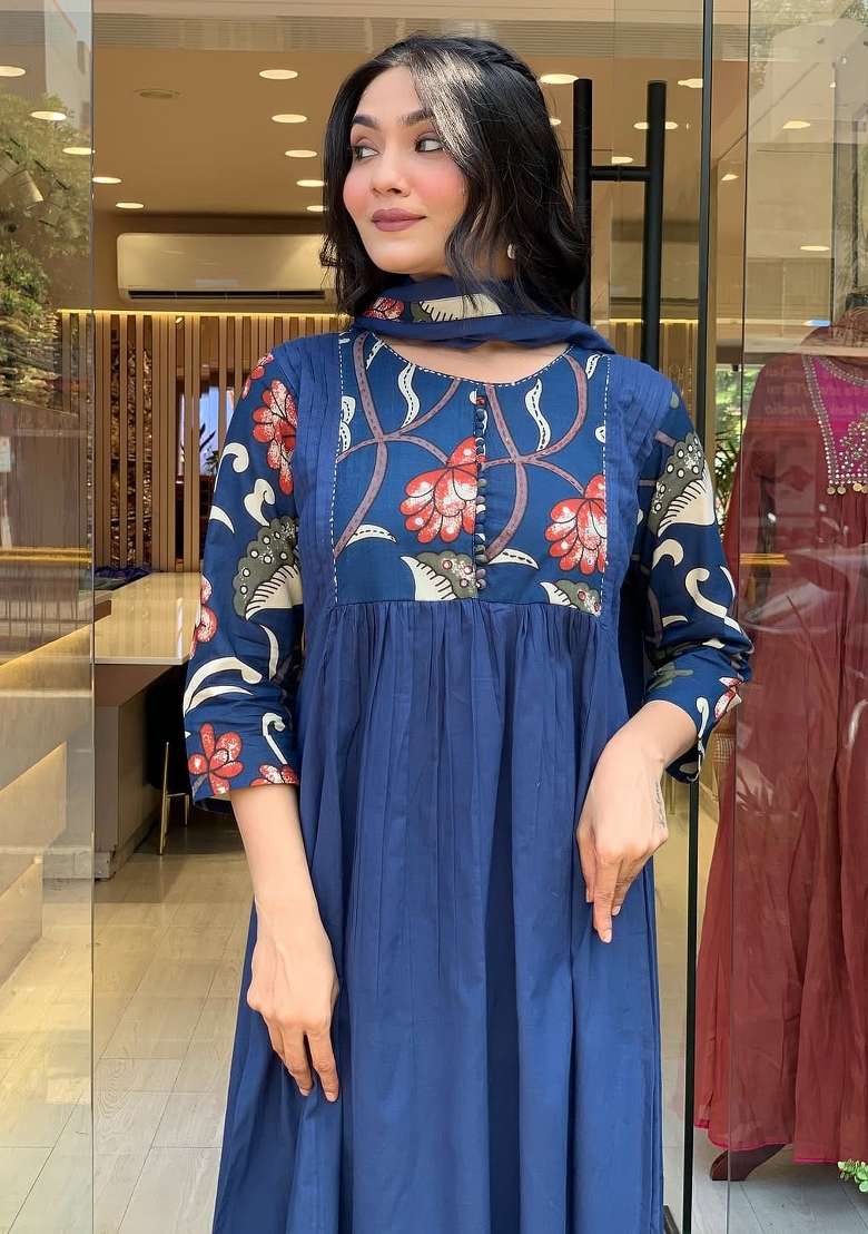 Blue Printed Cotton Kurta Set - Indya