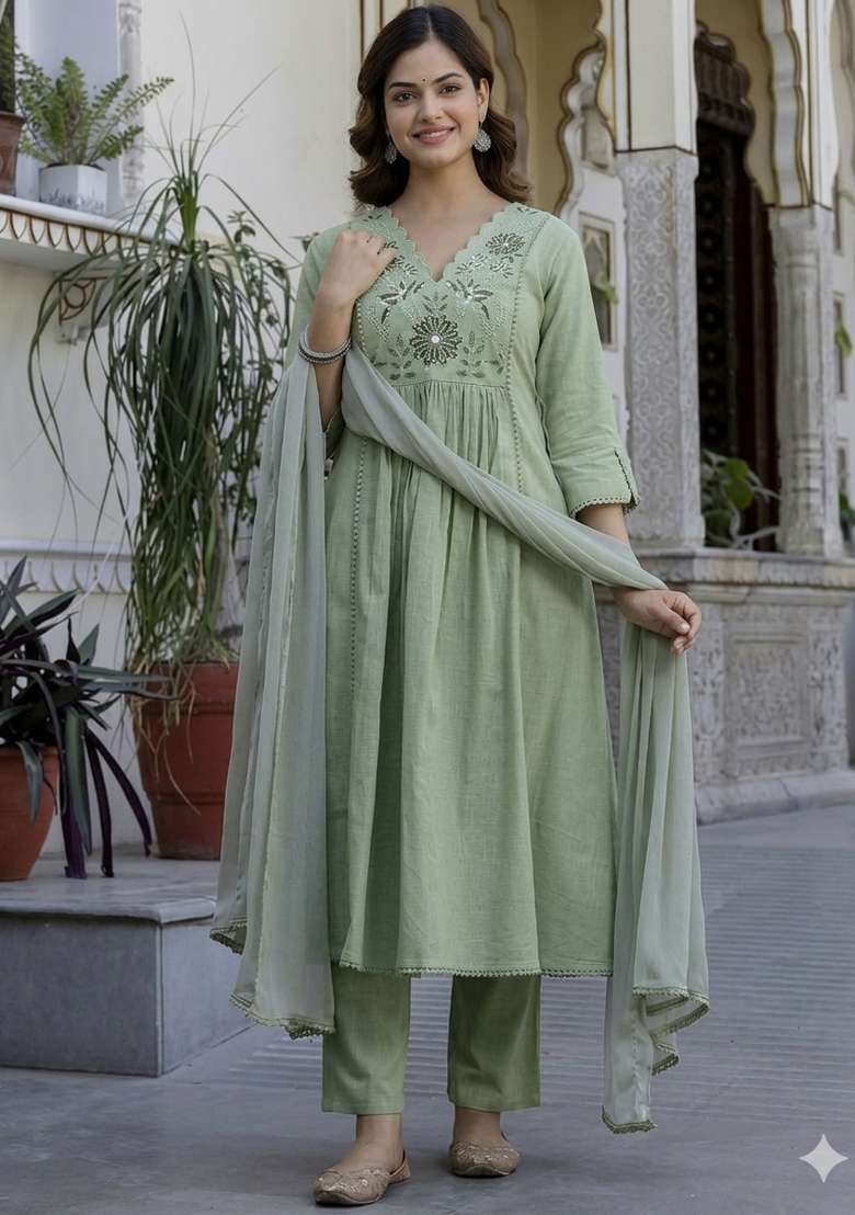 Green Printed Cotton Kurta Set - Indya