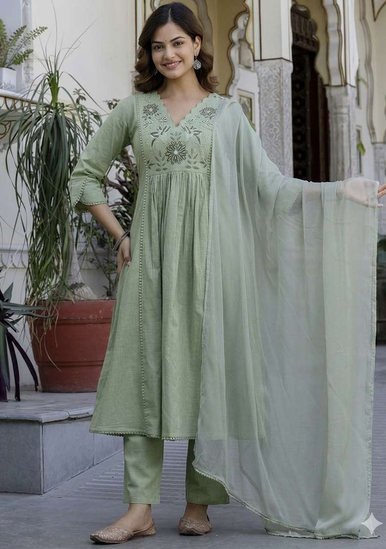 Green Printed Cotton Kurta Set - Indya