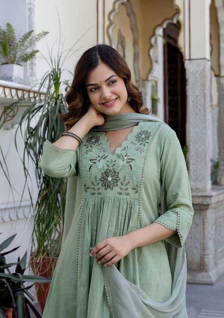 Green Printed Cotton Kurta Set - Indya