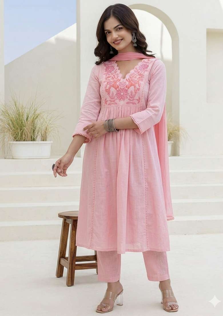 Pink Printed Cotton Kurta Set - Indya