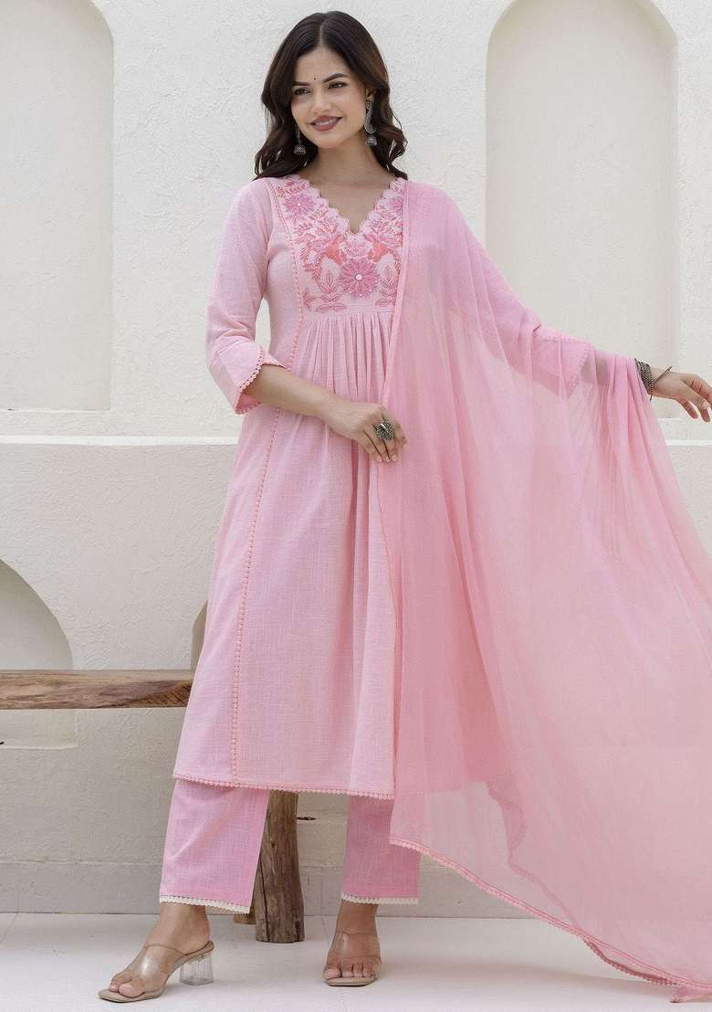 Pink Printed Cotton Kurta Set - Indya