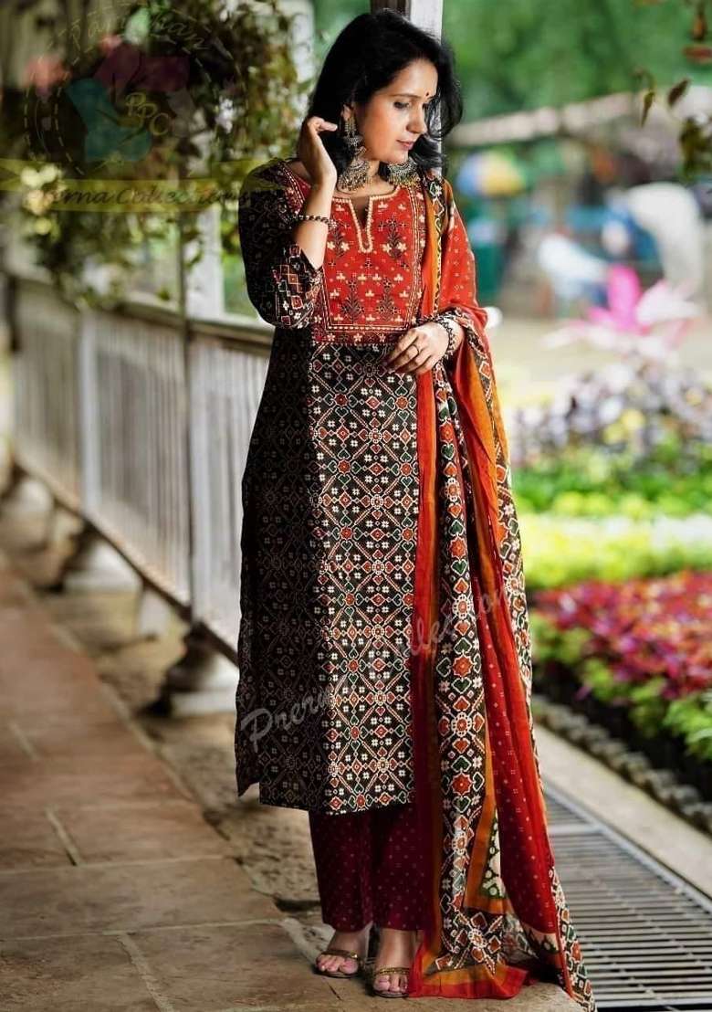 Red Printed Cotton Kurta Set - Indya