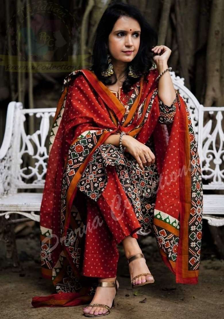 Red Printed Cotton Kurta Set - Indya